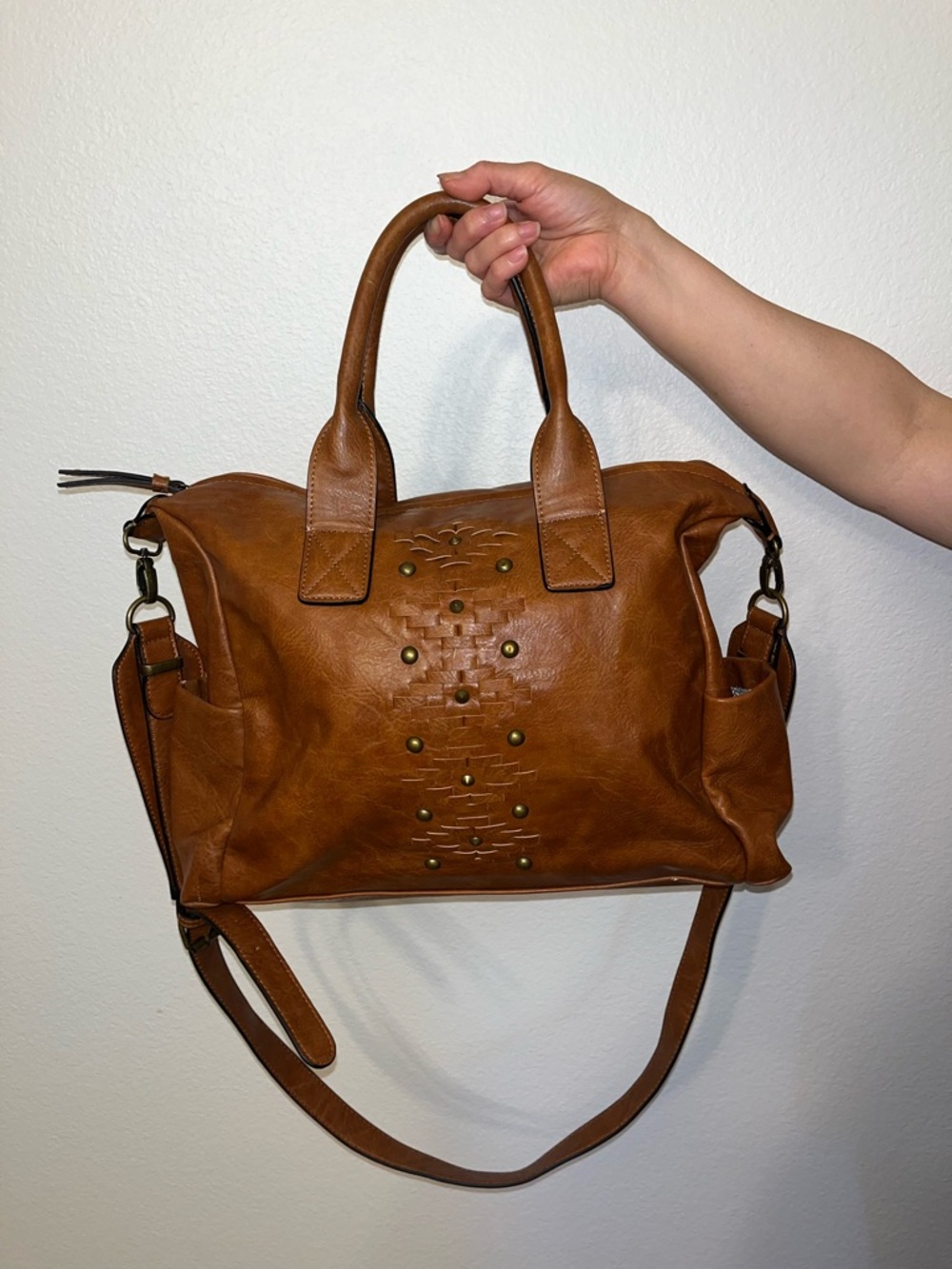 Steve Madden Brown Faux Leather Satchel Crossbody Bag Studded Boho Tote